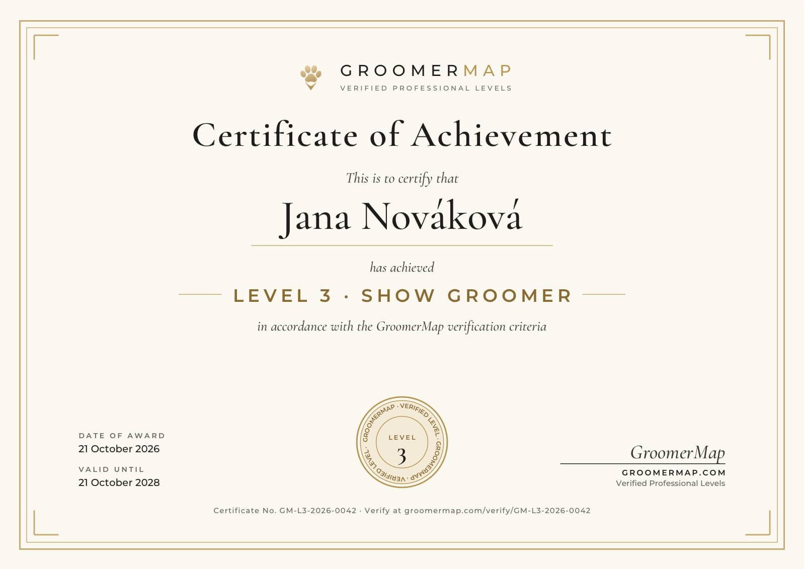 Beispielzertifikat von GroomerMap: Level 3 · Show Groomer